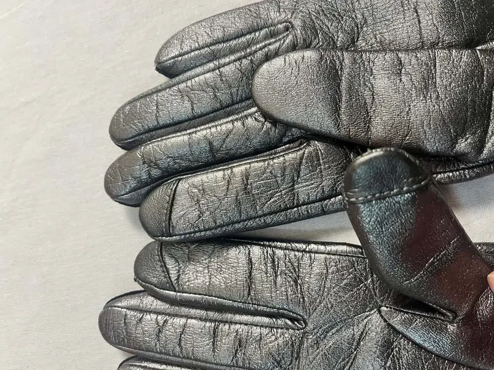 Lands' End NWT EZ Touch Leather Cashmere Lined Gloves Pewter Metallic Size L